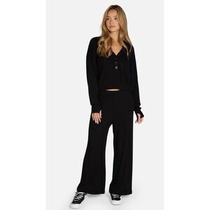 Michael Lauren Womens Ribbed Knit Elastic Waistband Wide Leg Pants Black Size Sm
